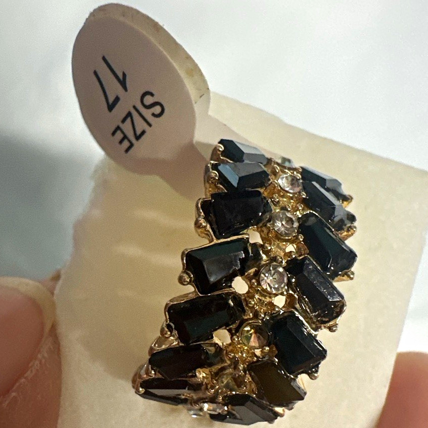 Gold Tone Black Baguette & Clear Crystal Prong Set Band Ring Size 17