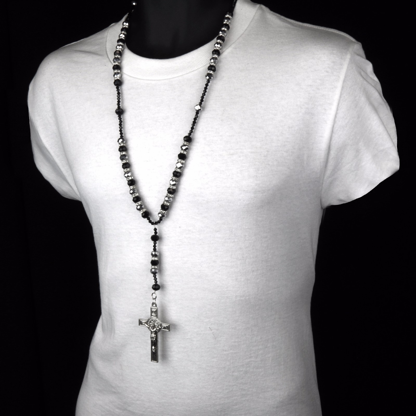 Hip Hop BLACK/GRAY Beads Cubic-Zirconia Rosary Jesus Cross Religious Chain