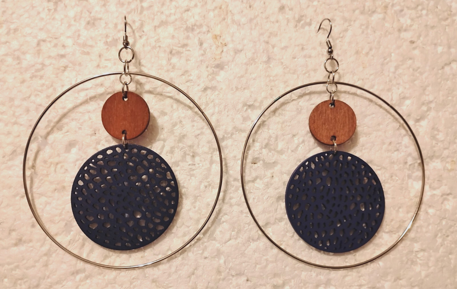 Boho Blue Wood & Metal Hoop 3.25″ Earrings, Rhodium-Plated Hook Bohemian Drop