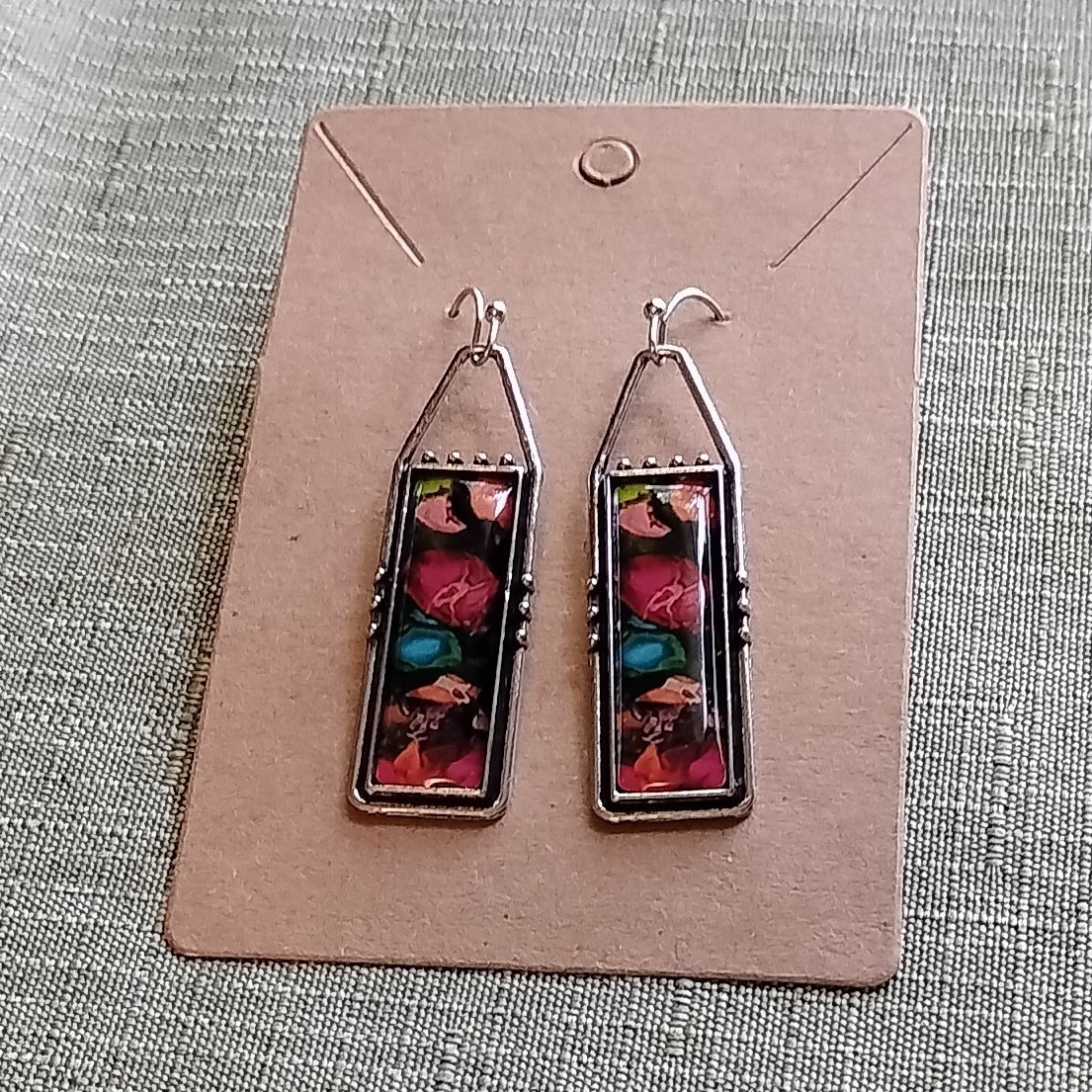 Silver Tone Multicolor Rectangle Metal Dangle/Drop Hook Earrings for Lobe. 6013.
