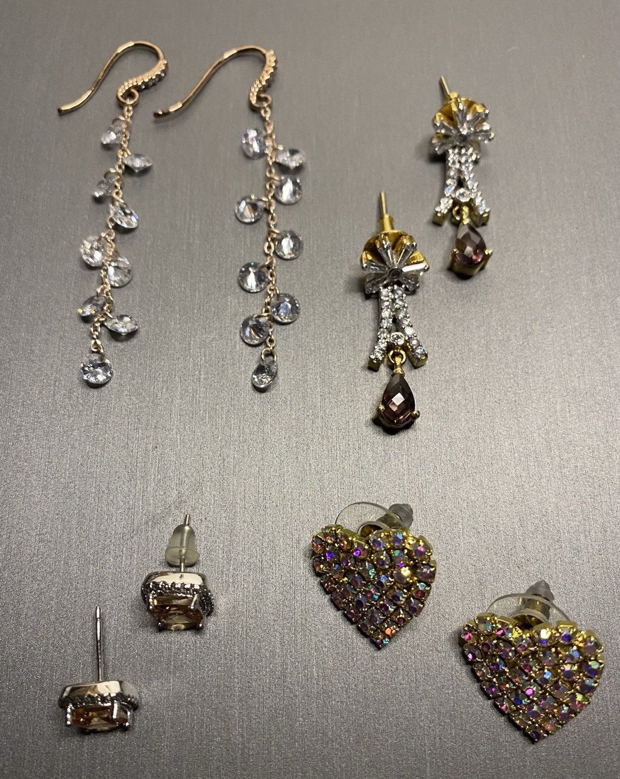 Lot Of 4 Pairs Crystal Rhinestone Heart Beaded Chandelier Drop Stud Earrings