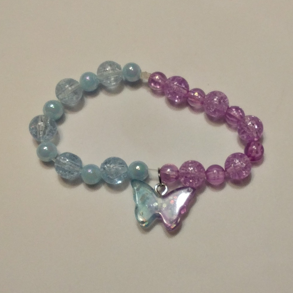 Blue Purple Beaded Stretch Bracelet, No Clasp, Butterfly Dangle Charm, Plastic
