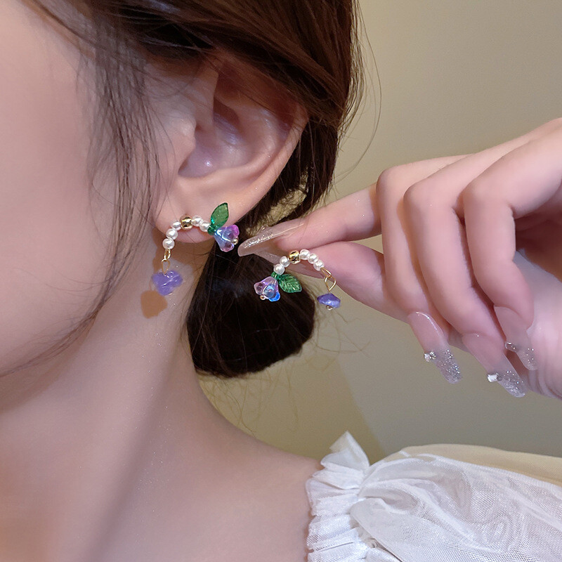 18K Gold Plated Flower Pearl Stud Drop Earrings Womens Jewelry Party Accessories
