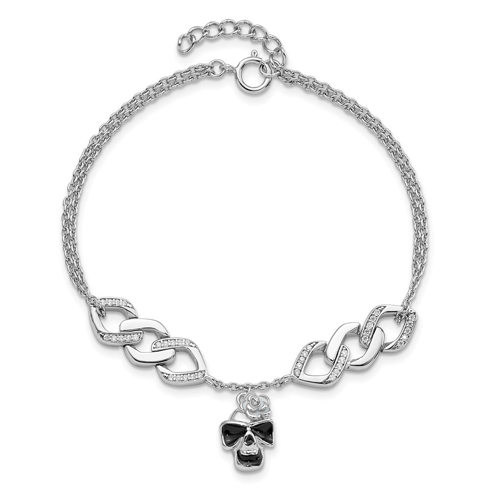 Sterling Silver Cubic Zirconia Enamel Skull Link Chain Bracelet 6.5″ w/1in ext.