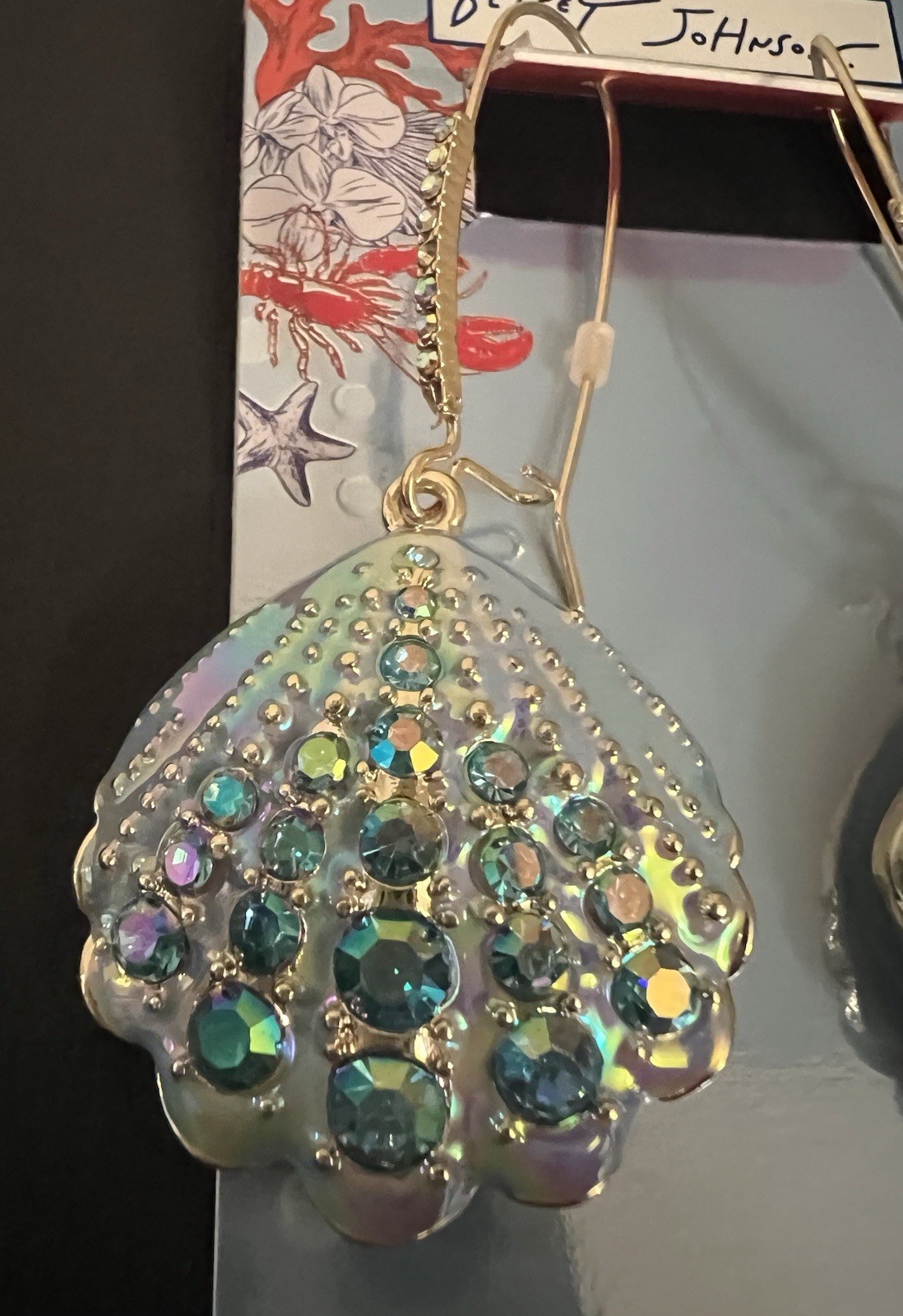 Betsey Johnson Earrings Iridescent Seashell Mermaid Drop NWT Crystal Dangle