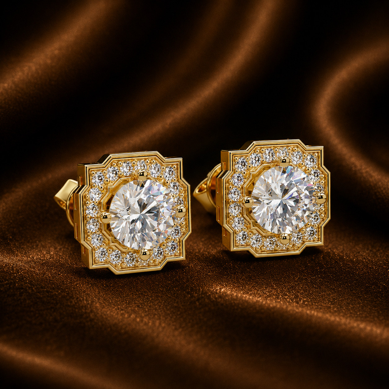Round Lab Grown Diamond Square Halo Stud Earrings 1.15 CTW DEF VVS VS 925 Silver