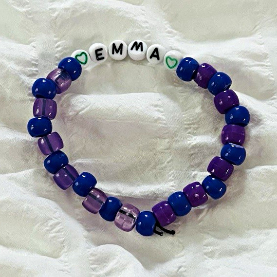 Personalized “EMMA” Letter Beaded Stretch Bracelet Blue Purple White Plastic