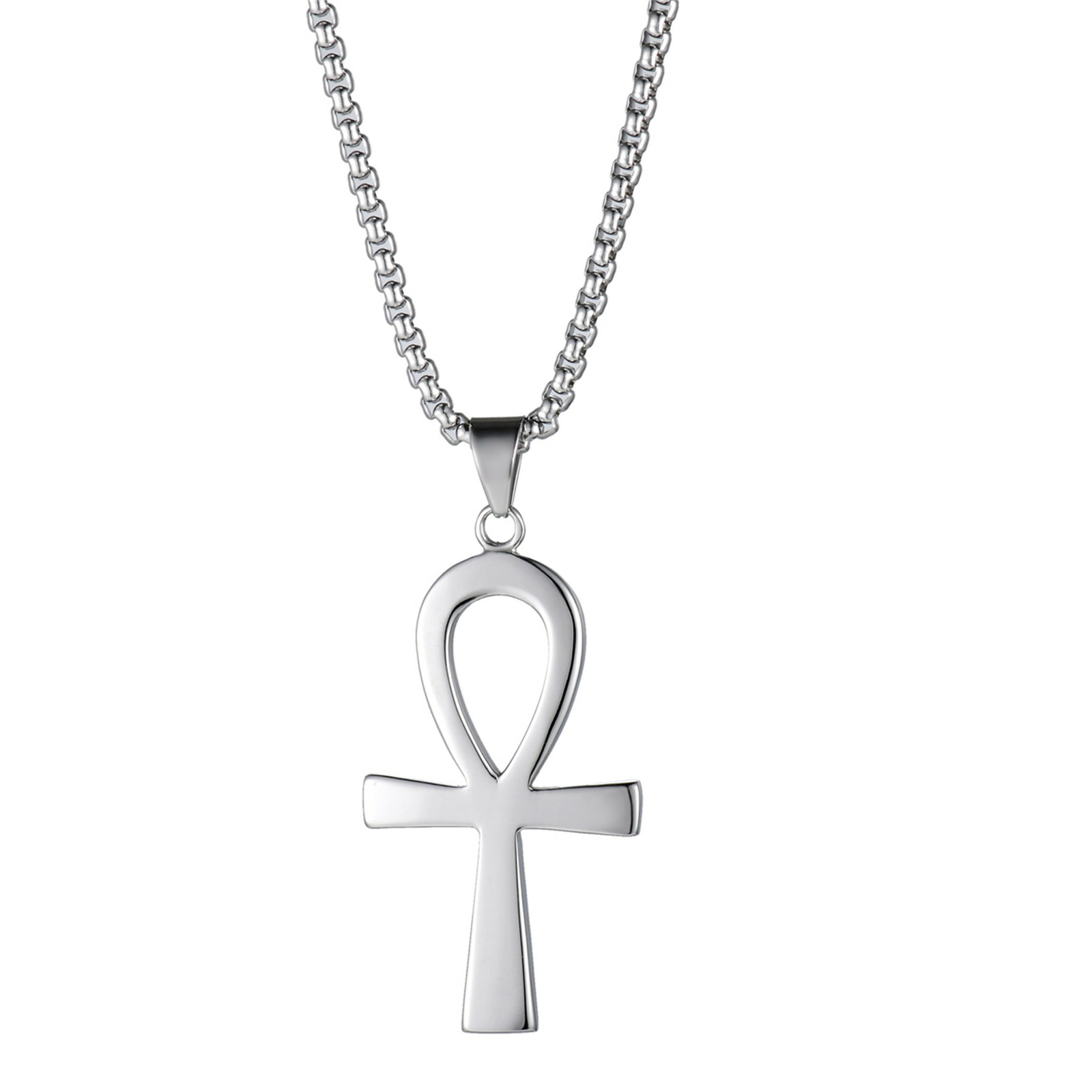 Men’s Stainless Steel Egyptian Ankh Cross Pendant Chain Necklace Silver Prayer