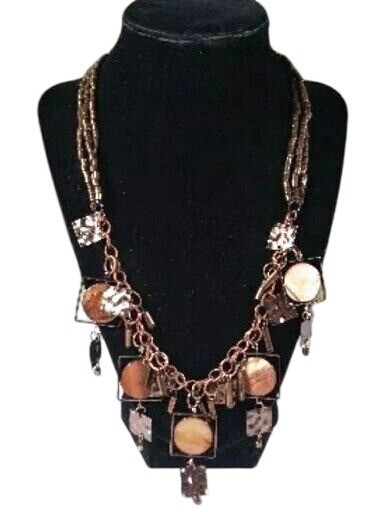 Charm Necklace Mixed Metal Two Tone Copper Brown Color Geometric Beaded Chain