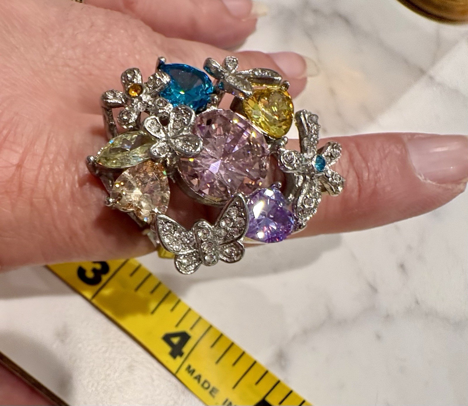 Cocktail-style Cluster Ring of Multicolored Crystals Stainless Steel Size 11