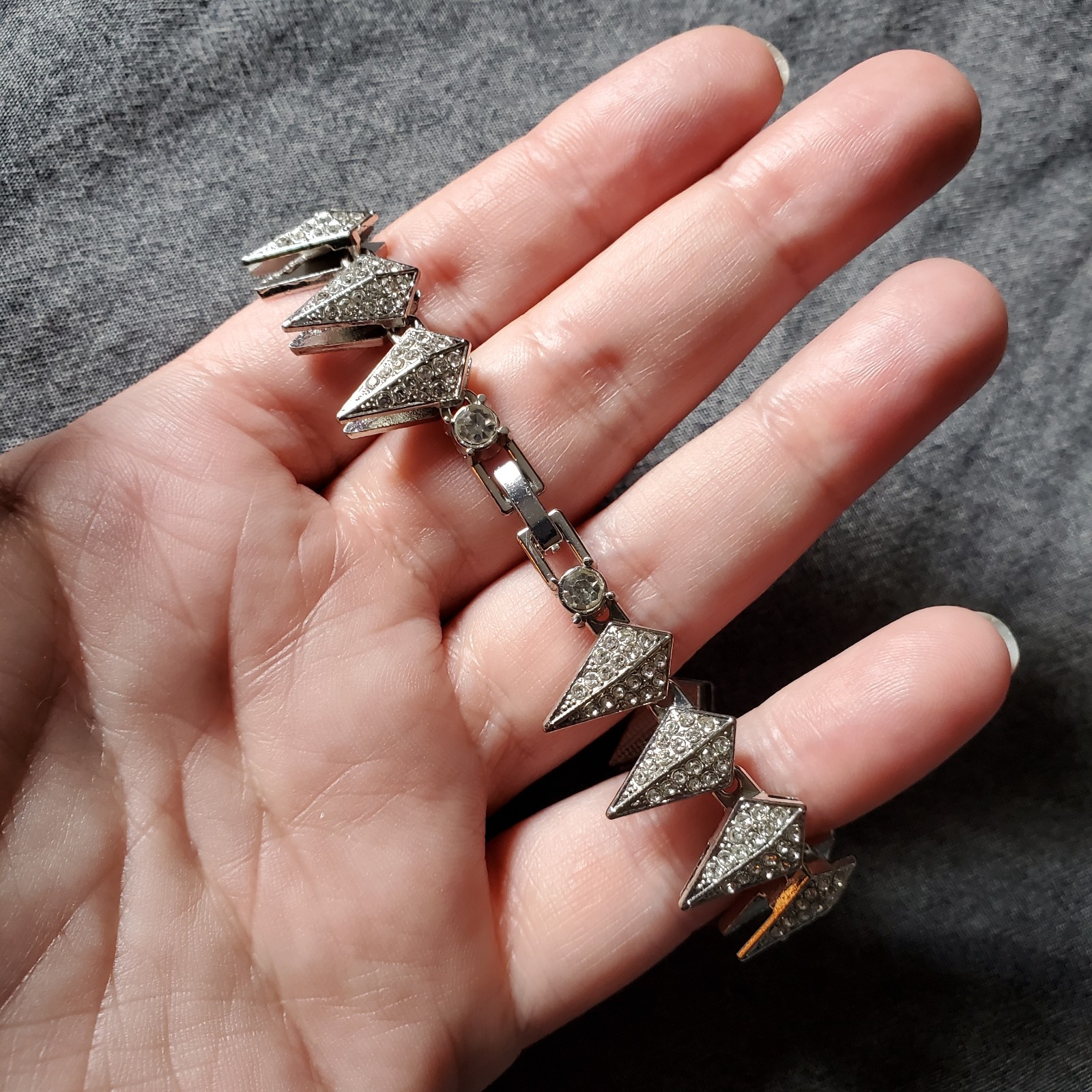 Rhinestone Spike Bracelet, 8 inch silver tone link bracelet