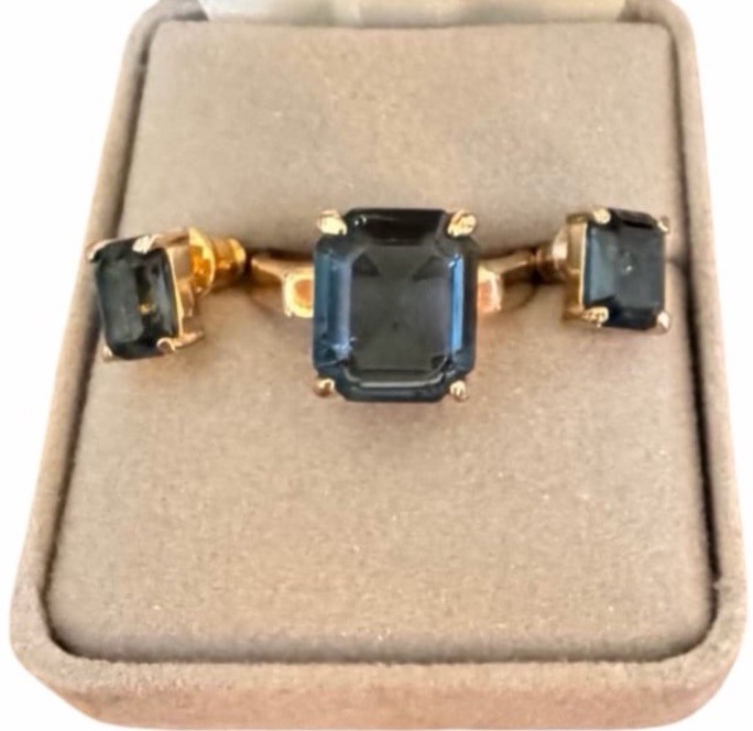 Gold Tone Emerald Cut Blue Ring Earrings Set Jewelry Square Vintage Sz 6.75