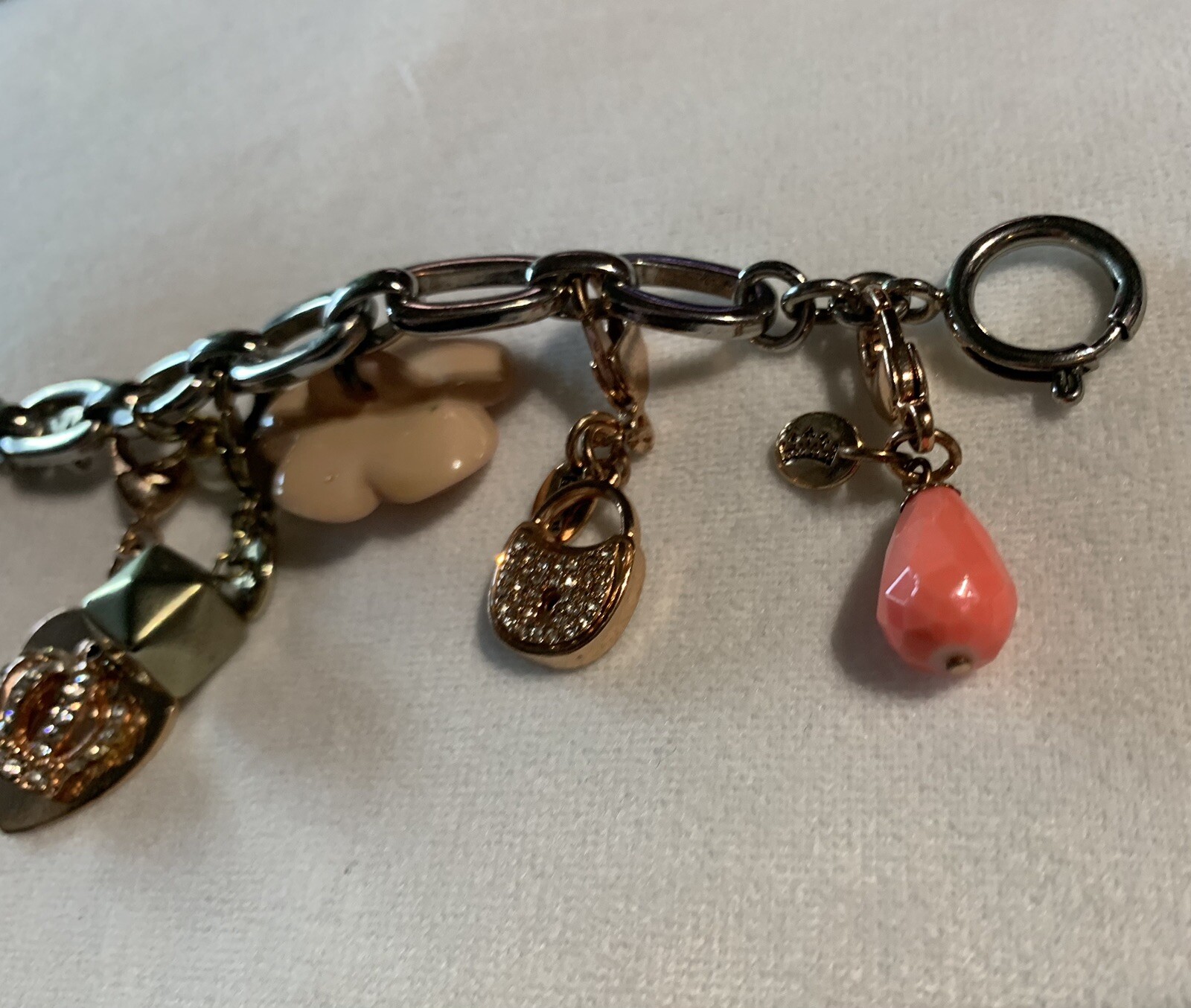 Vintage Y2K Juicy Couture Bracelet With Mixed Heart Dog Lock Charms Box Silver