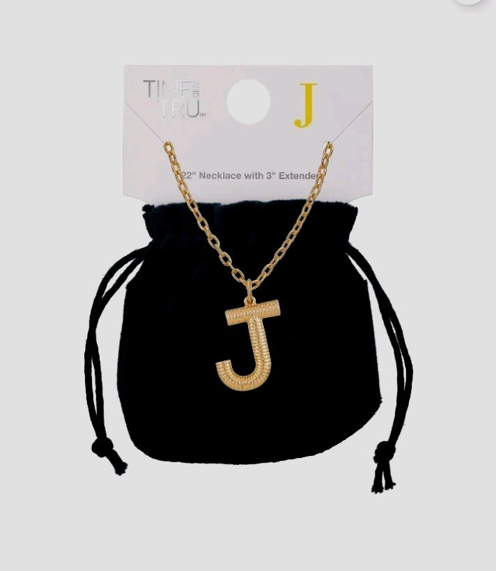 Time And Tru 22″ Chan Gold Tone Necklaces W/Letter J. Pendent And Dust Bag NWT