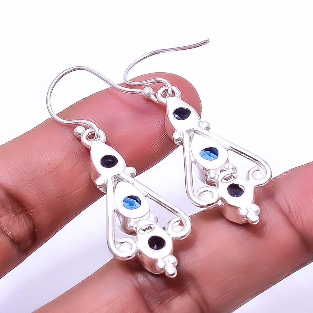 Blue Sapphire -Simulated Multi Collet 925 Sterling Silver Earring 1.95″ E8033315
