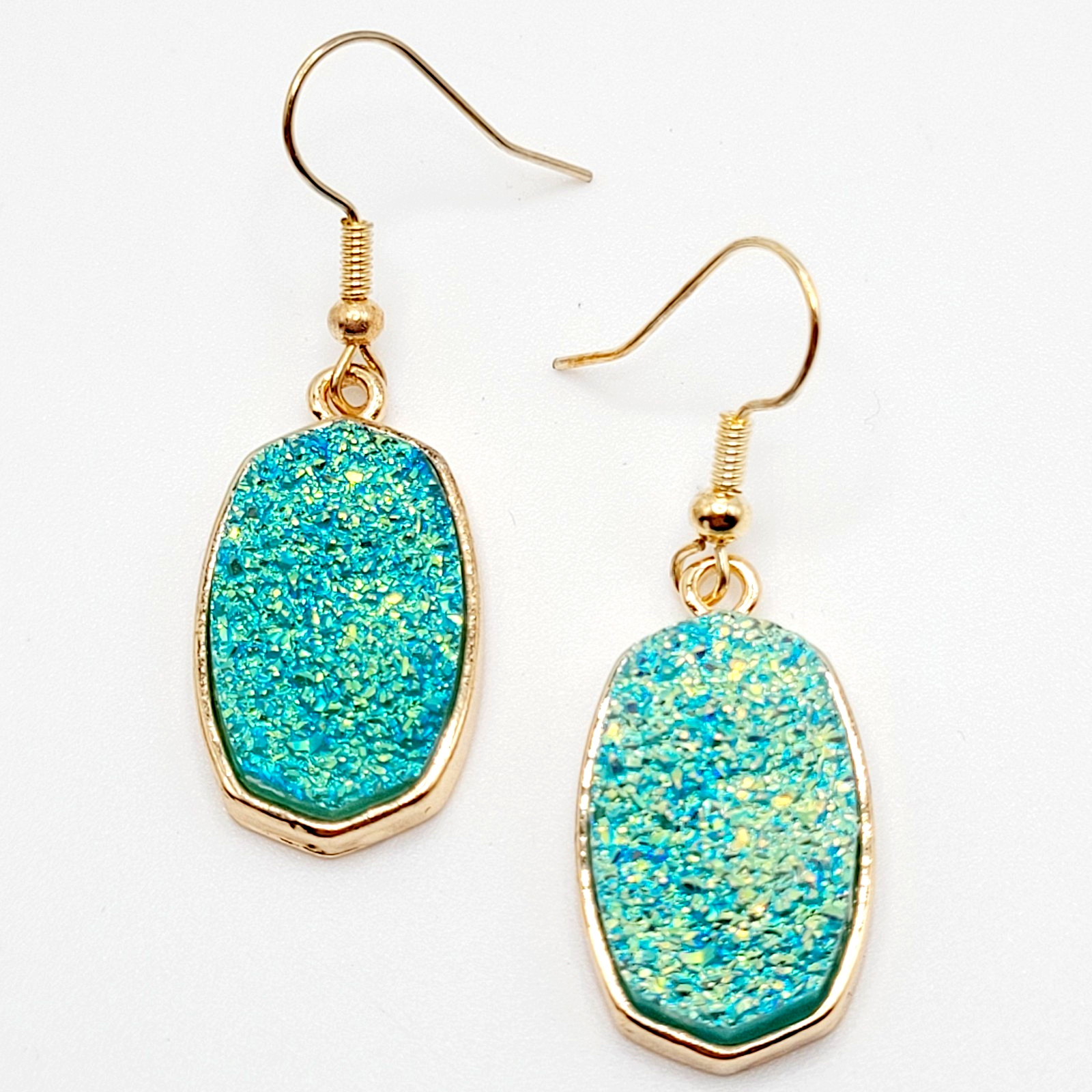Modern Sparkle Faux Druzy Turquoise Color Gold Tone Pierced Hook Dangle Earrings