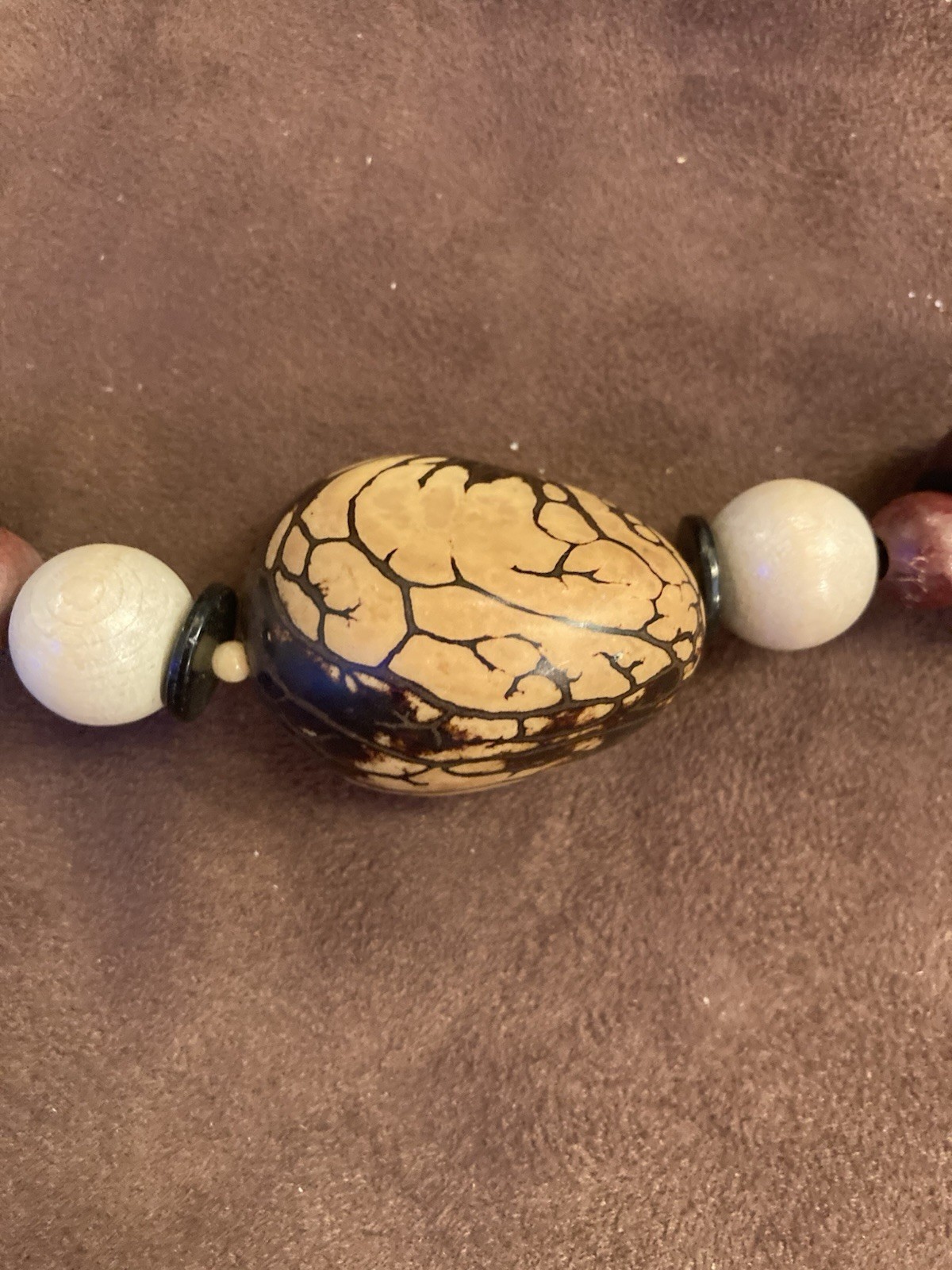 Necklace with Large Slab Bead Mixed Metal Wood And Cork Beads 19 Inch VTG