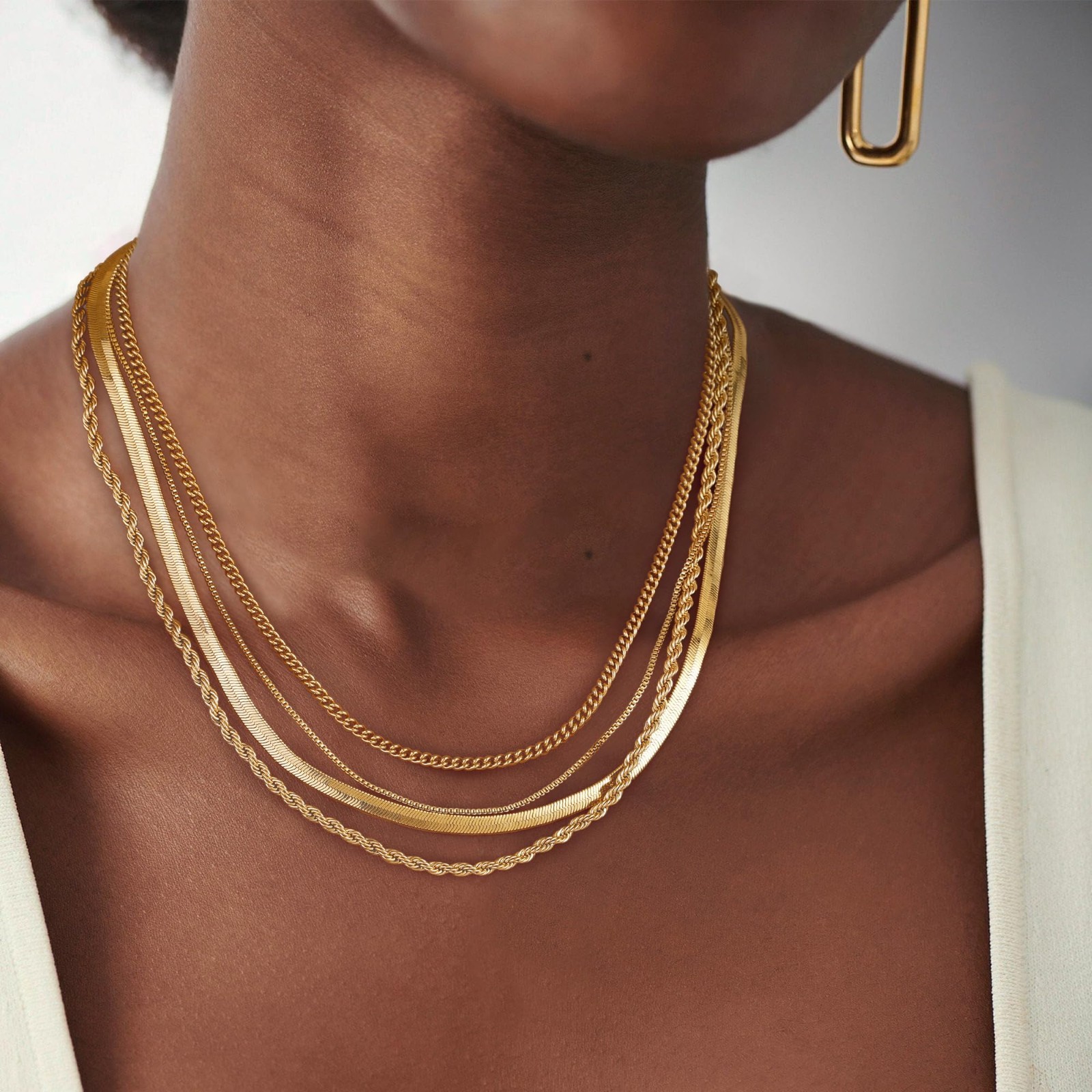 Layered Necklaces for Women – Chunky 14k Gold Plated Herringbone, Snake, Rope, C