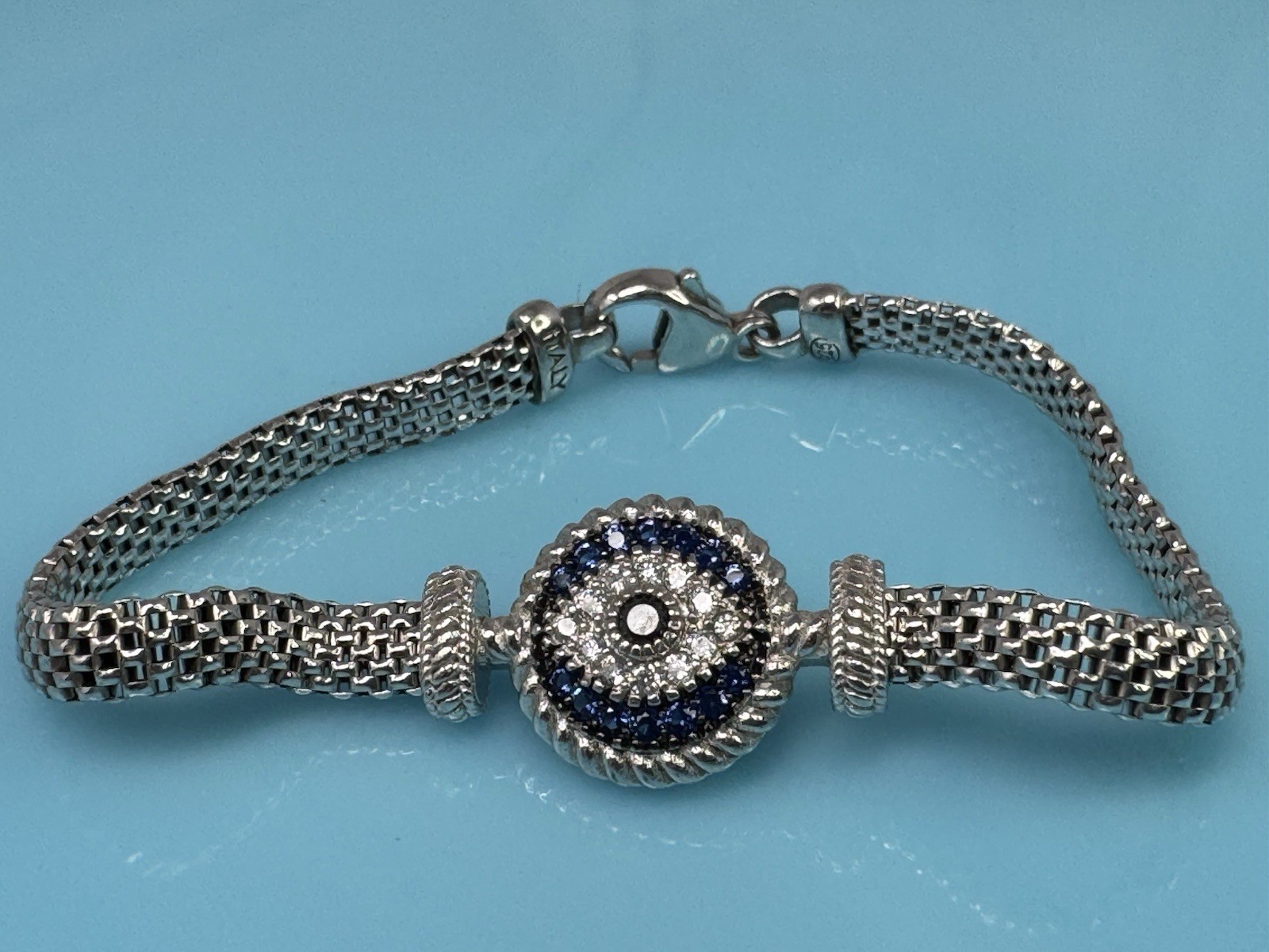 Platinum Sterling Silver Blue White Sapphire Evil Eye Cable Mesh Tennis Bracelet