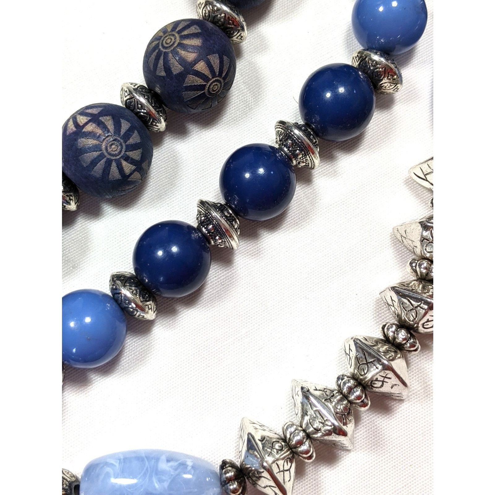 Chunky 3 Strand Necklace Festival Boho Statement Bib Blue Silver Beaded Western