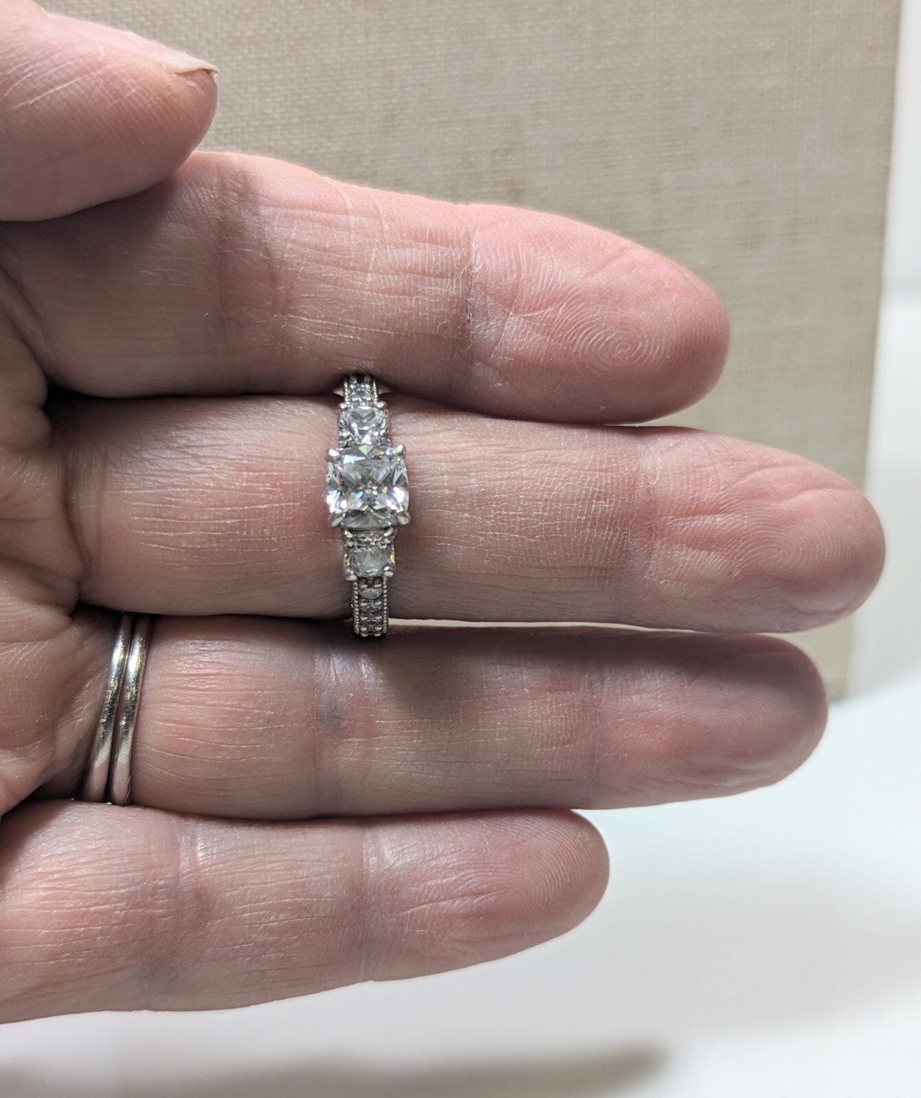BERRICLE STERLING SILVER THREE STONE SQUARE CZ ENGAGEMENT RING SIZE 9 (L186)