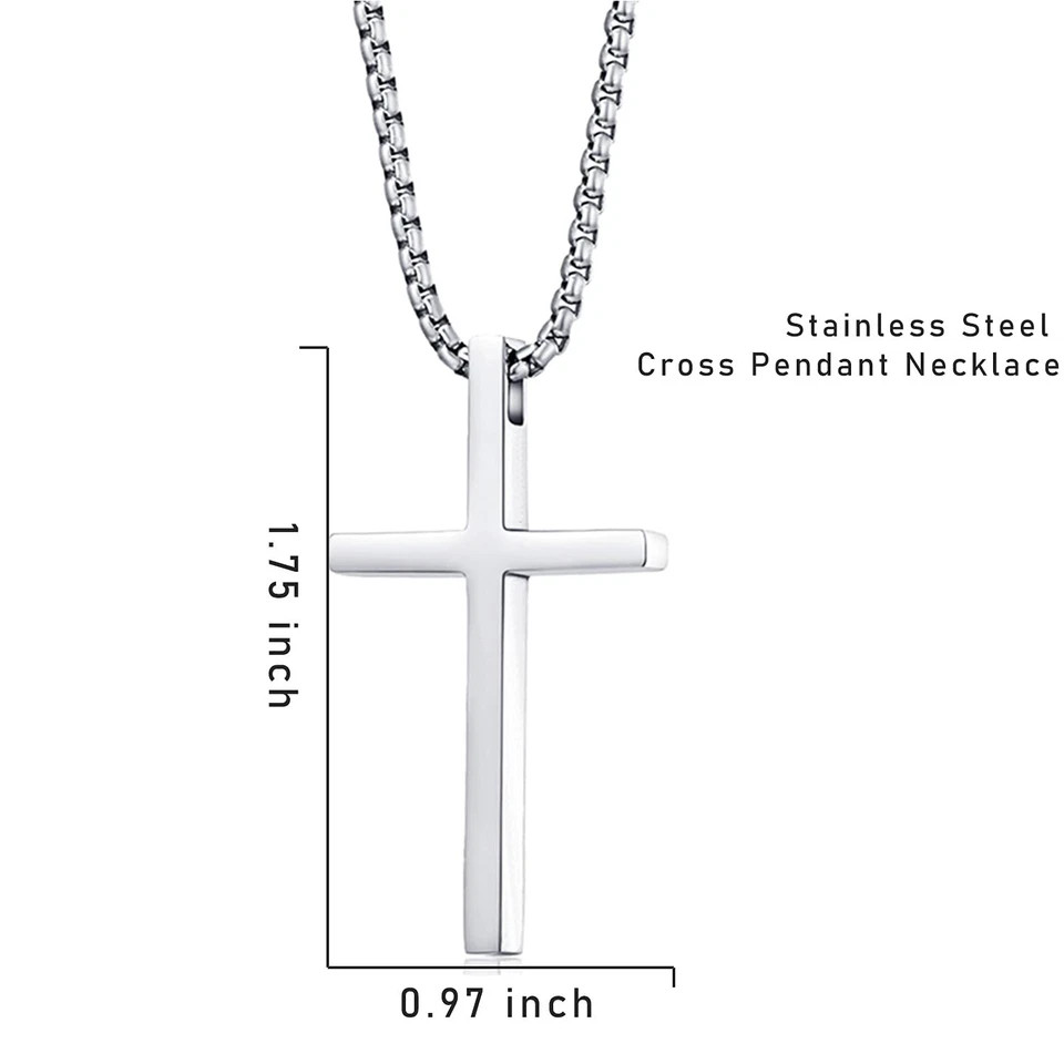 Men Women Plain Cross Necklace Stainless Steel Simple Pendant Box Chain 24″