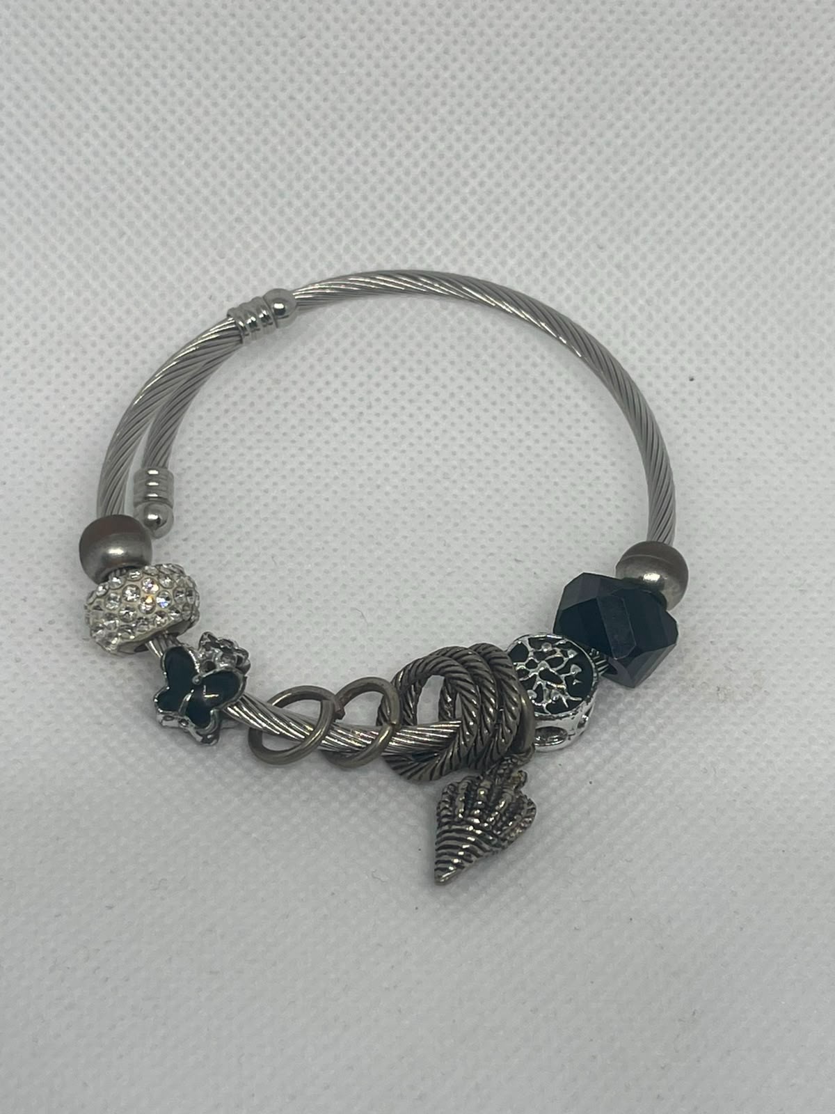 Silver Tone Charm Bracelet with Crystal Beads & Seashell Pendant Boho Style
