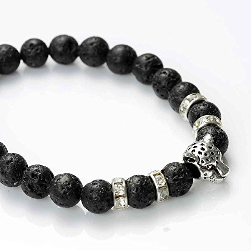 Men, Womens Synthetic Lava Beaded Healing Bracelet Leopard Head with Rhinestone