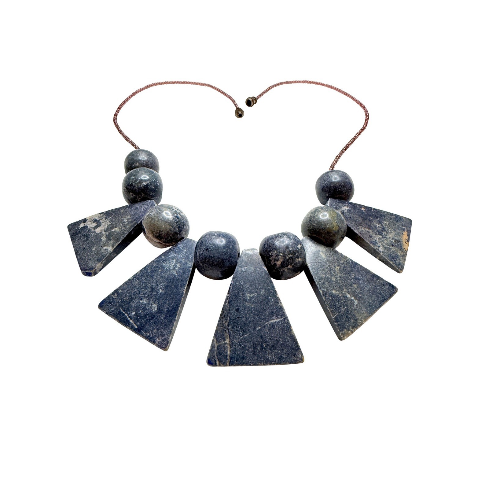 Chunky Blue Stone Geometric Statement Necklace Slab Beaded Barrel Clasp 17″