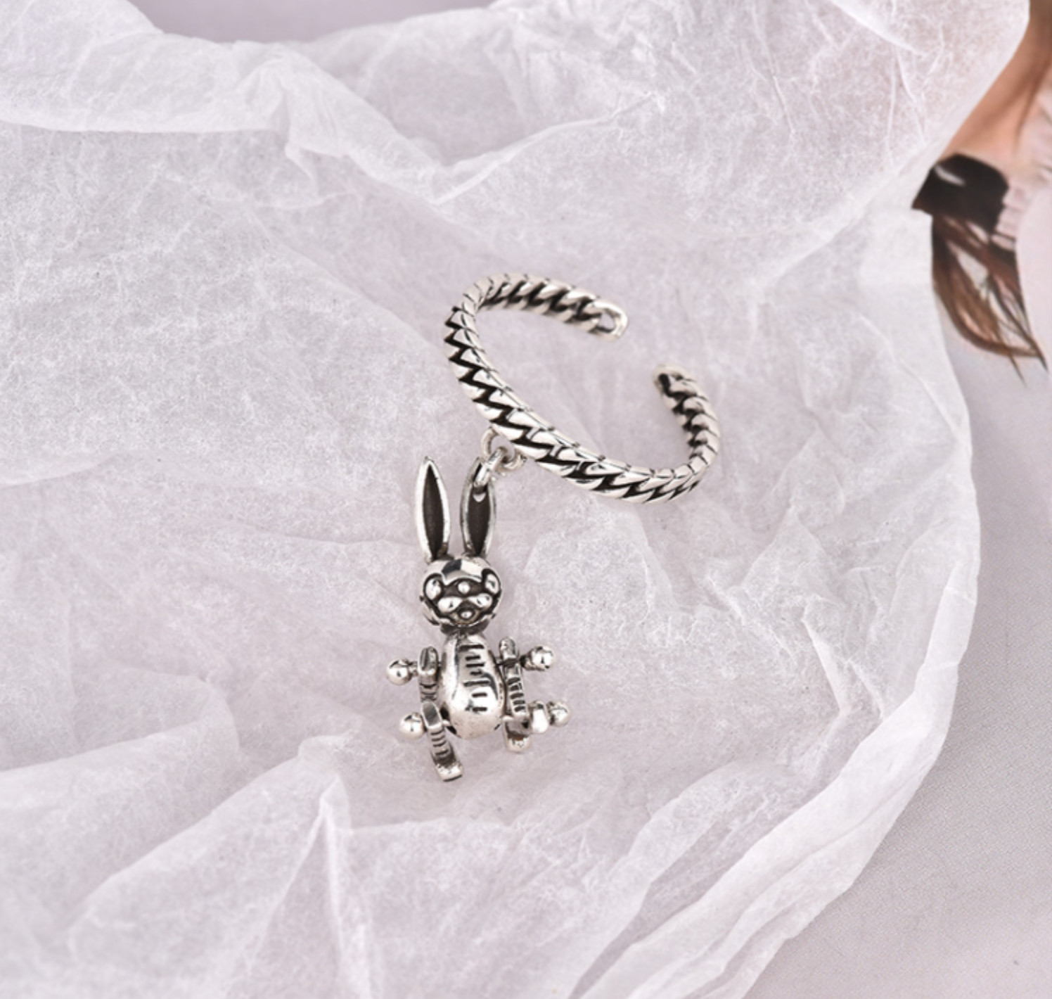 Antique Style Punk Hip Hop Silver black Rabbit Adjustable Band Ring