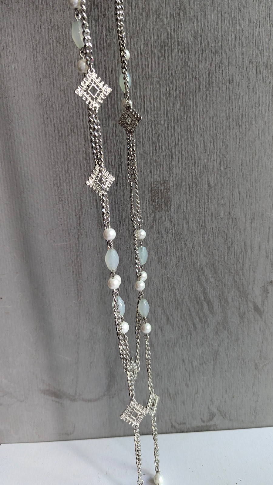 Silver Tone 2 Strand Long Necklace Faux Pearl White Beads Geometric Station 32″