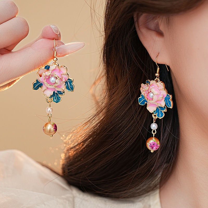 Chinese Style Enamel Painted Flower Pearl Tassel Earrings Vintage Jewelry