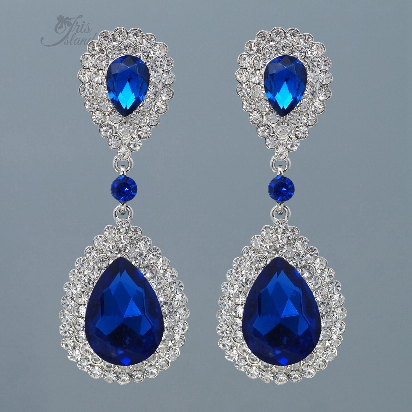 Drop Dangle Earrings Simulated Sapphire Blue Rhinestone Silver Plated Wedding 43