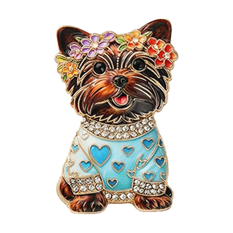 4PCS Yorkshire Terrier Dog Brooch Pin Set Enamel Crystal Floral Puppy Gift