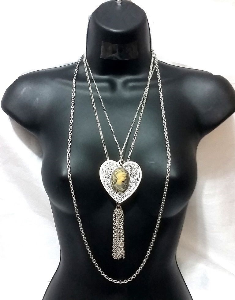 Long Metal Chain Heart Cameo Pendant Tassel Statement Love Necklace Layer Multi