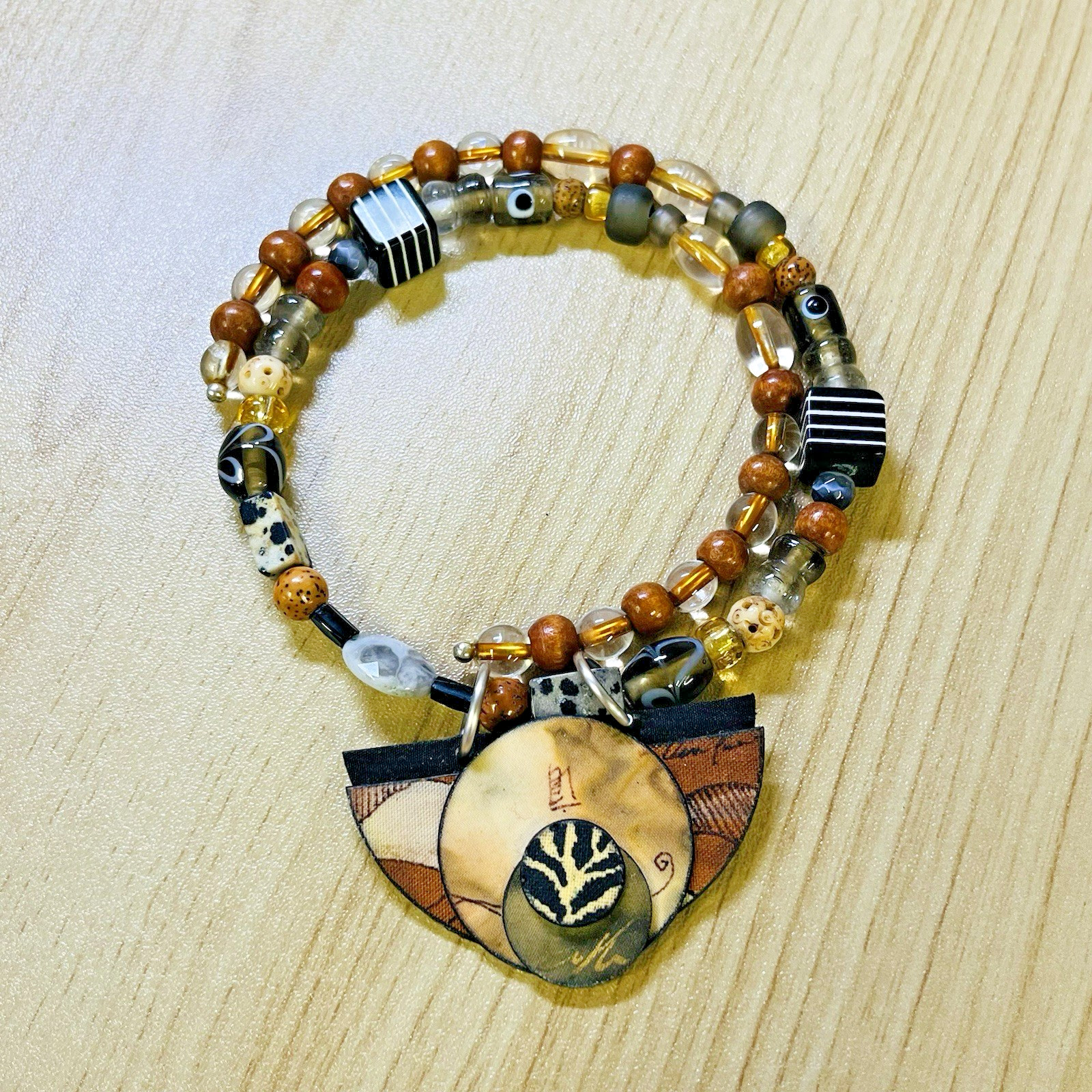 Signed Artisan Handmade Multi Strand Beaded Necklace Abstract Pendant Boho