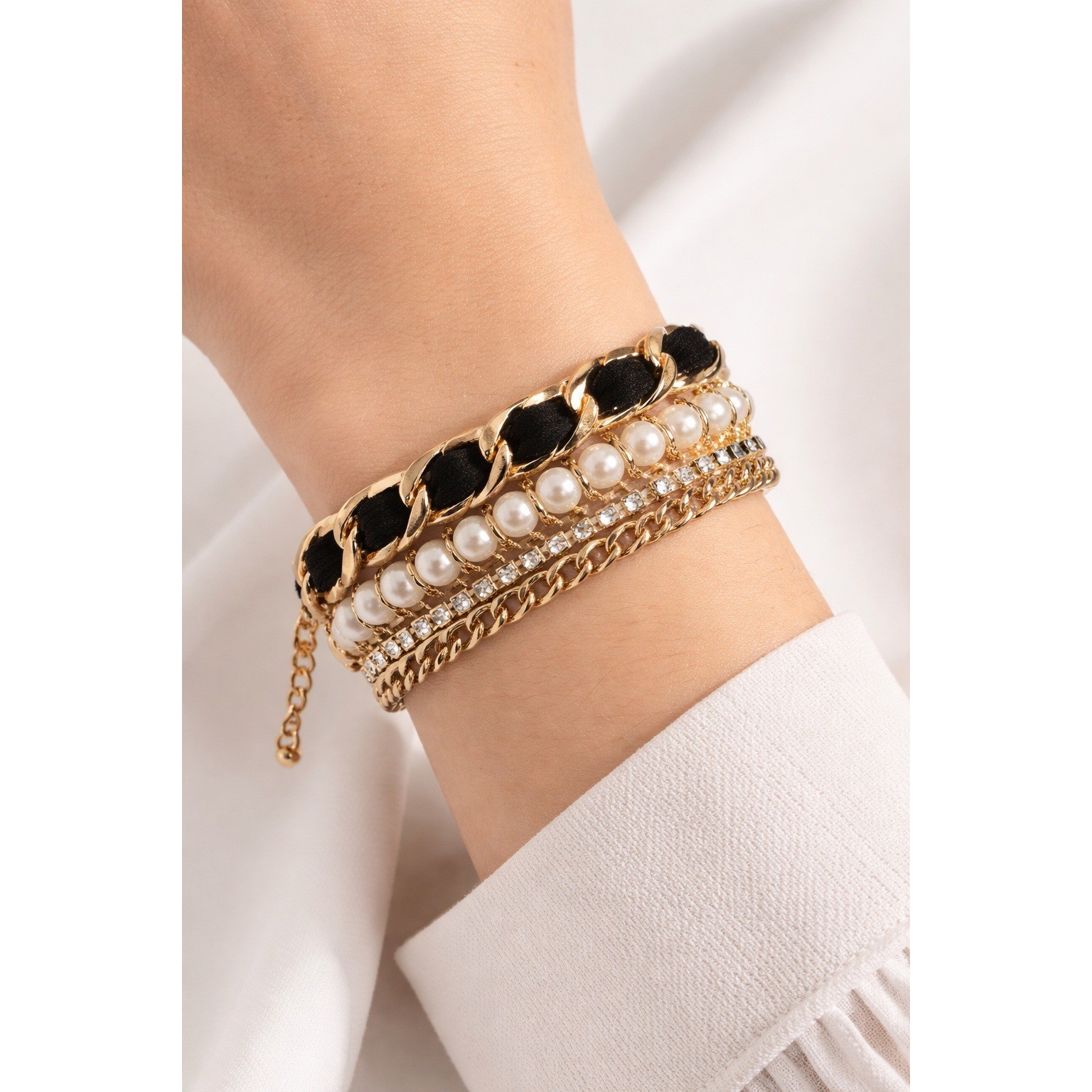 Multi-Strand string Bracelet Womens Gold Faux Pearl Layered