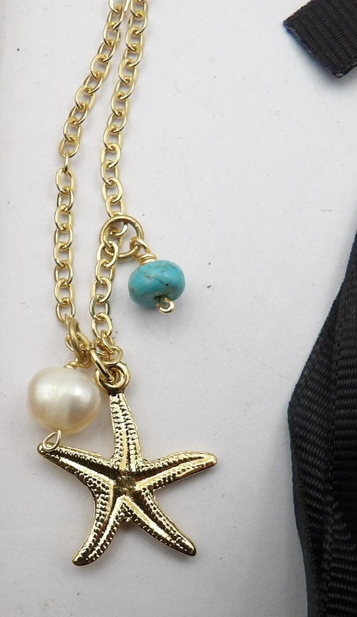 Mayamar 20” Gold Plated Starfish Charm Necklace W Pearl & Turquoise Beads NWT