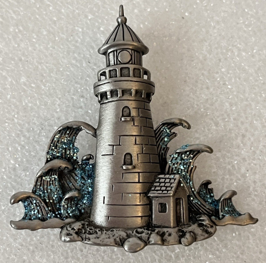 Vintage Pewter Lighthouse Nautical JJ Jonette Pin Scarf Jacket Blouse 2in x 2in