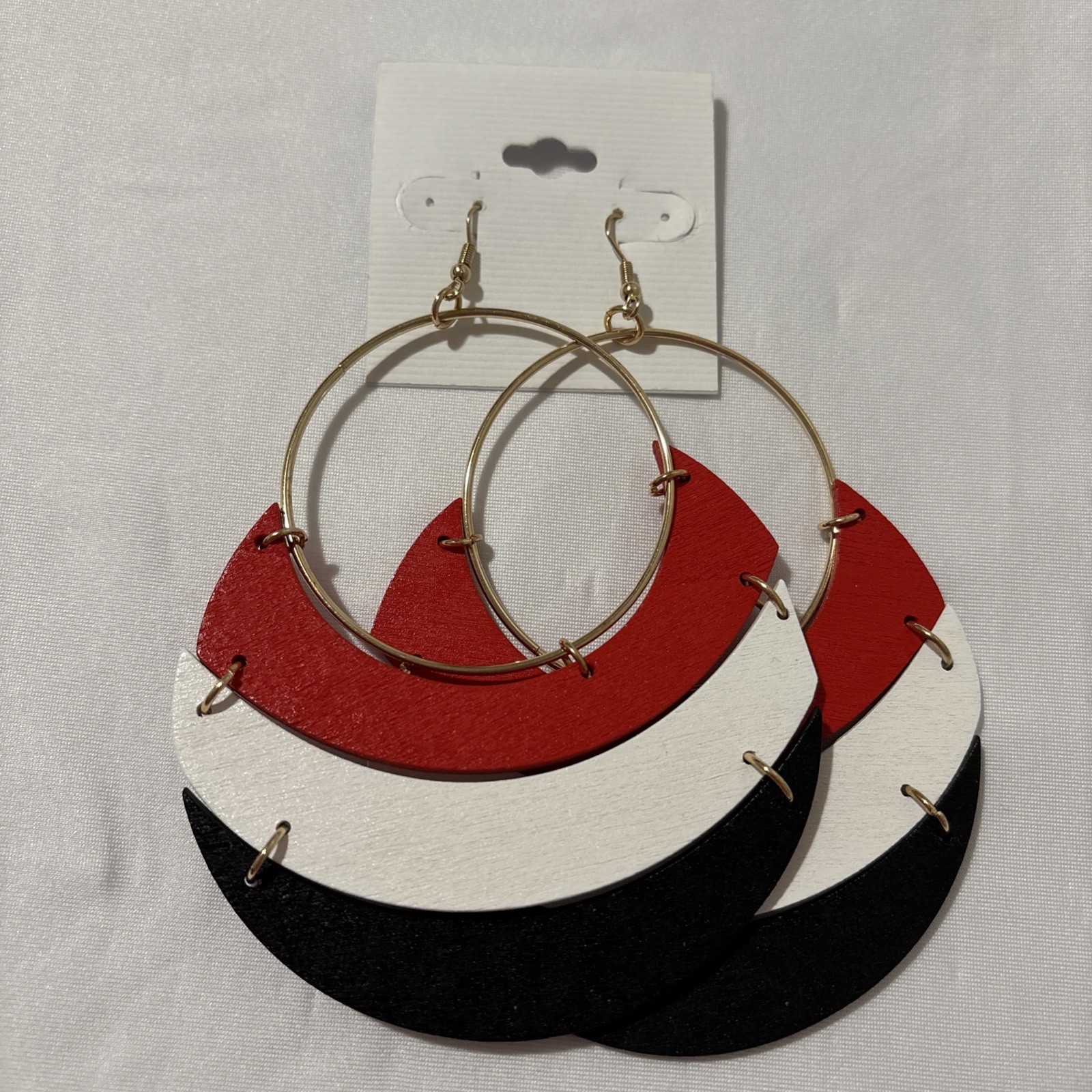 New! Nautical Retro Style Red White Black Gold Tone 3.75” Wood Shape Hoops