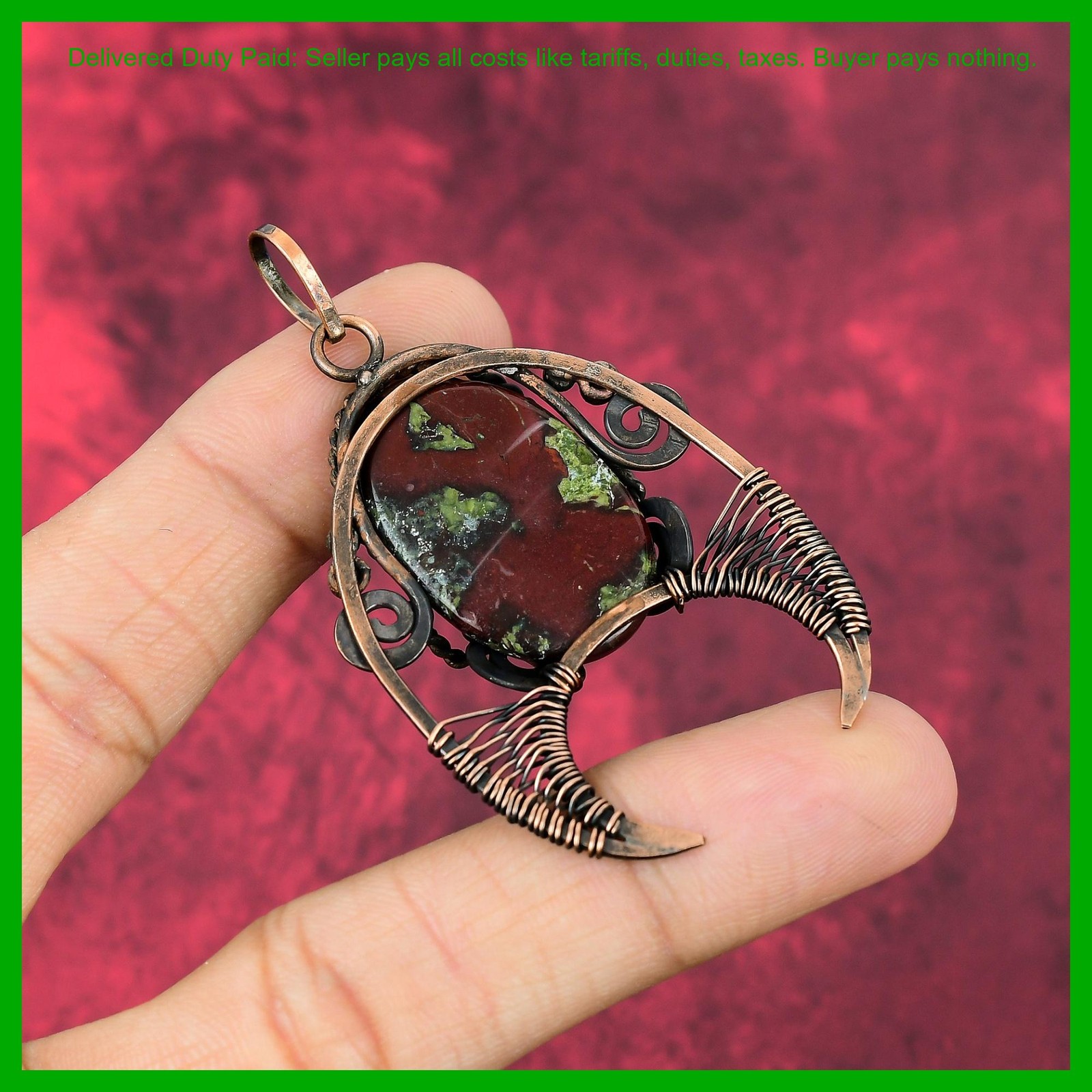 Copper Dragon Bloodstone Stone Unique Wire Wrapped Artisan Mother Gift Pendant
