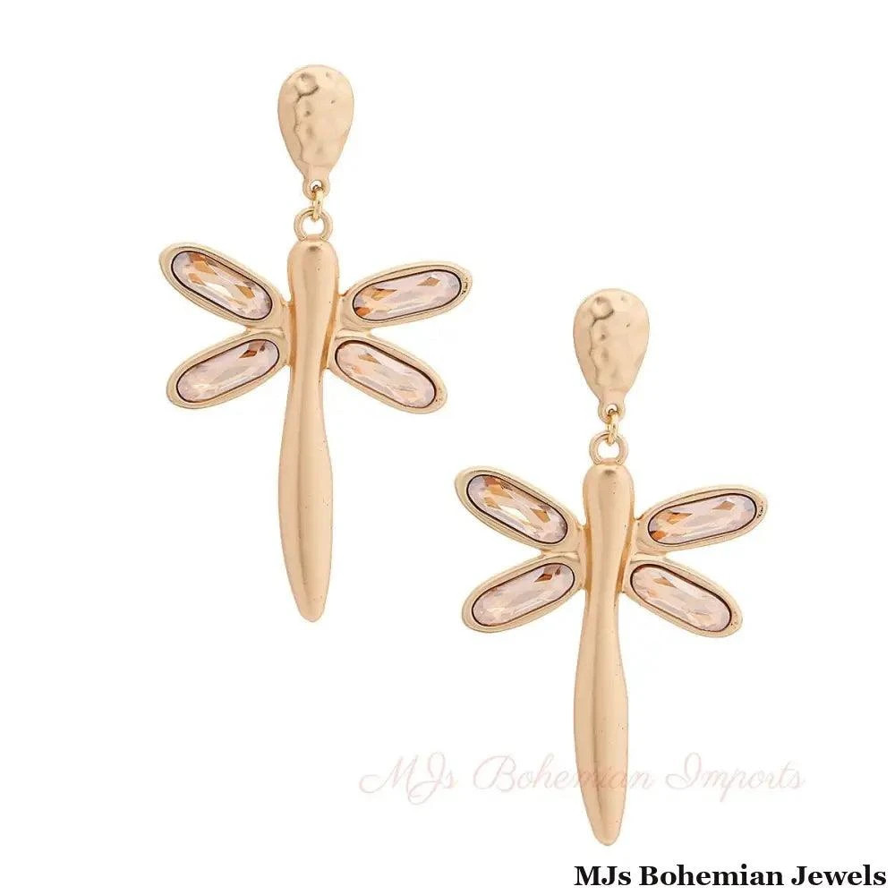 Gold Matte Topaz Crystal Dragonfly Drop Earrings