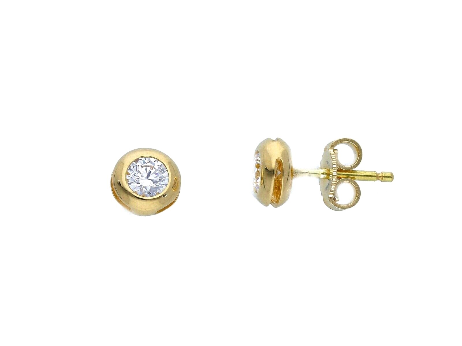 18K YELLOW GOLD BEZEL EARRINGS CUBIC ZIRCONIA WITH FRAME SOLITAIRE DIAMETER 6mm