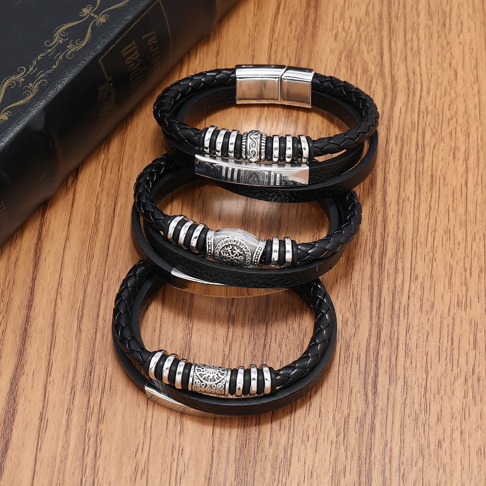 2PC Men’s Leather Bracelet Multilayer Braided Rope Charm Jewelry 21CM