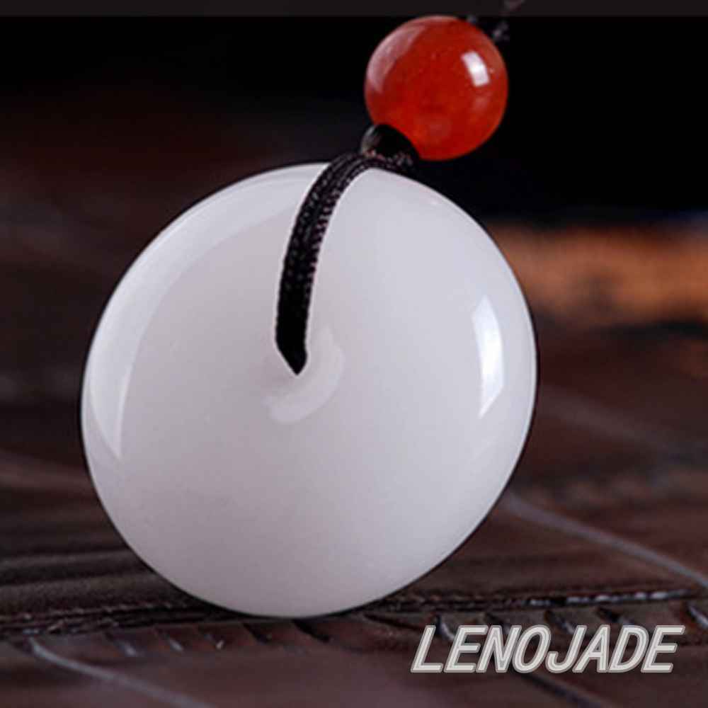 Chinese HeTian Jade White Jewelry Donut Shape Charm Pendant with Cord Necklace
