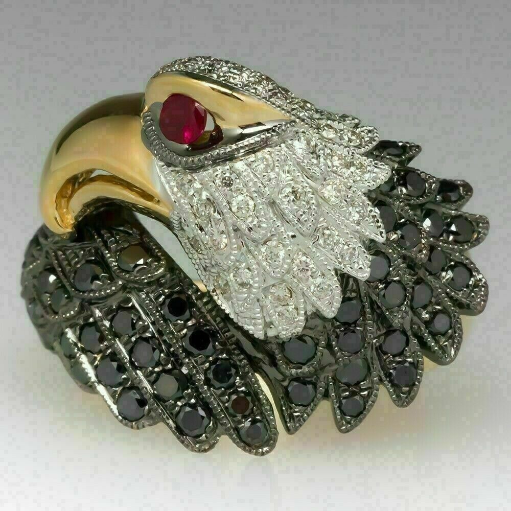 3Ct Round Cut Simulated Ruby Men’s Black Kite Ring 14k Yellow Gold Plated Silver