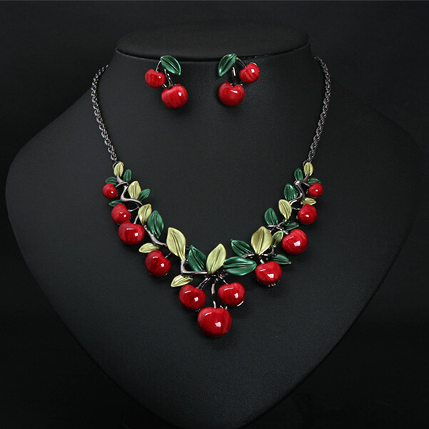 Fashion Women Girl Red Cherry Enamel Pendant Chain Lady Necklace Earring Set