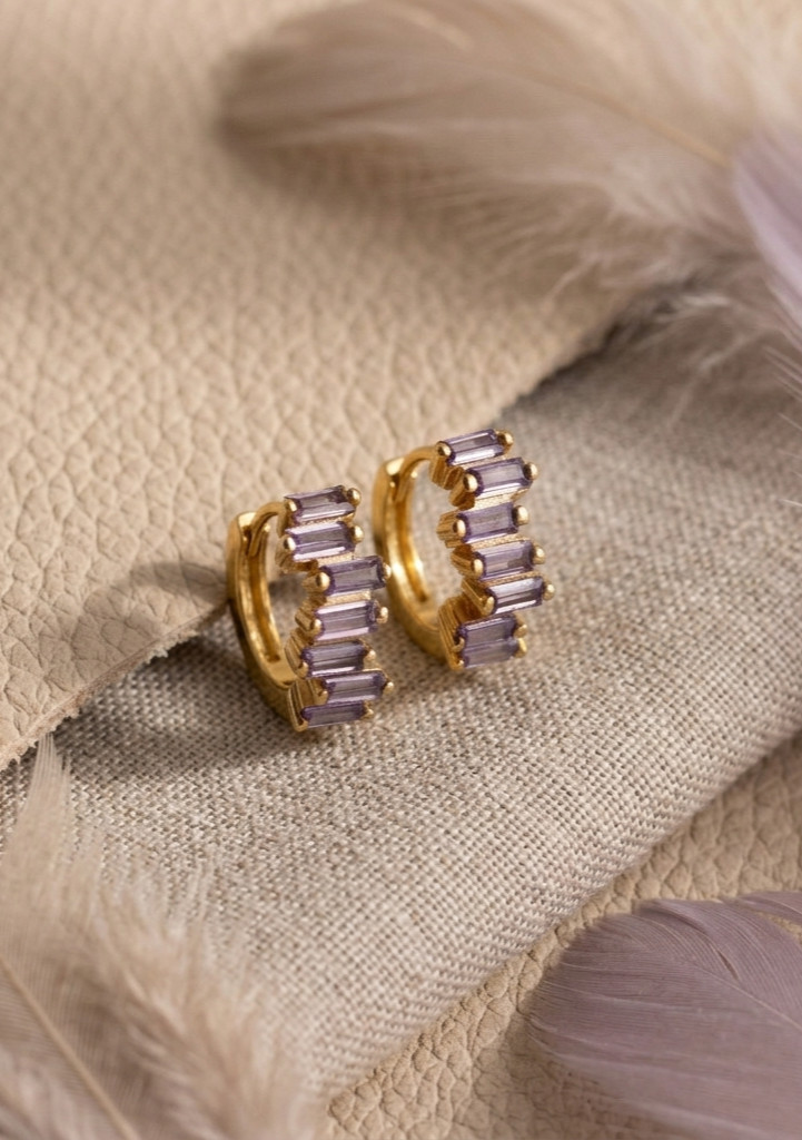 Elegant Lavender Amethyst Baguette Huggie Hoop Earring In 925 Sterling Silver