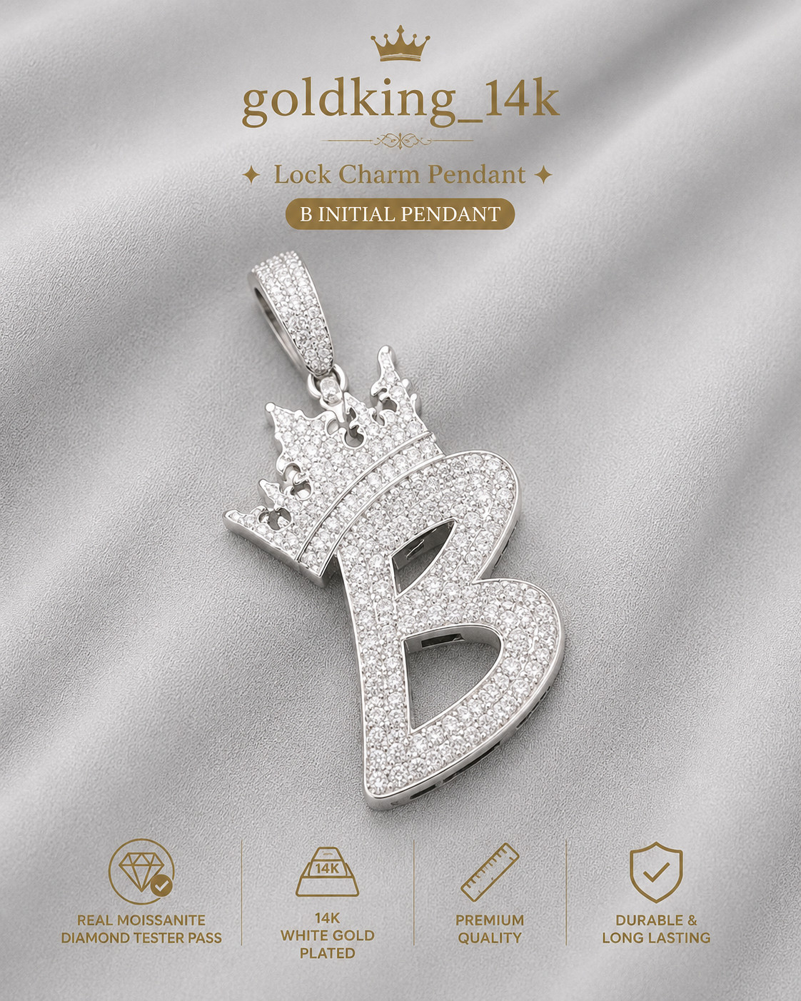 5.35Ct Round Cut Diamond Tester Pass Moissanite “B” Initial Pendant 925 Silver
