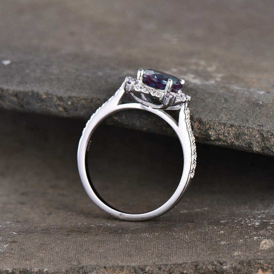 Lab-Created 2Ct Round Alexandrite Engagement Ring 14K White Gold Plated Silver